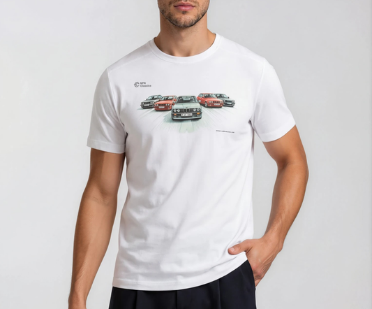 Person wearing a white t-shirt with BMW E30 classic car graphics on a plain background, balti marskineliai su E30