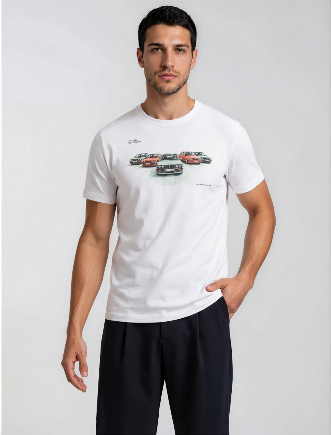 Man wearing a white t-shirt with graphic design of BMW E30, BMW classic, E30 marskineliai 
