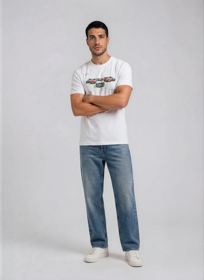 Man wearing a white t-shirt with BMW classic cars graphics and blue jeans on a gray background, vyriski marskineliai su E30