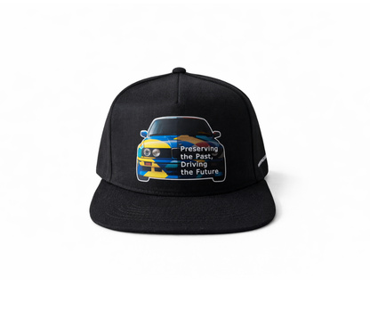 Black cap with a E30 car graphic, BMW kepure su snapeliu