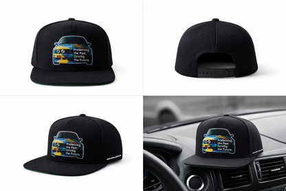Black cap with classic BMW E30 graphic, collage of 4 images, susegama kepure su E30 grafika, kepure su klasikiniu BMW