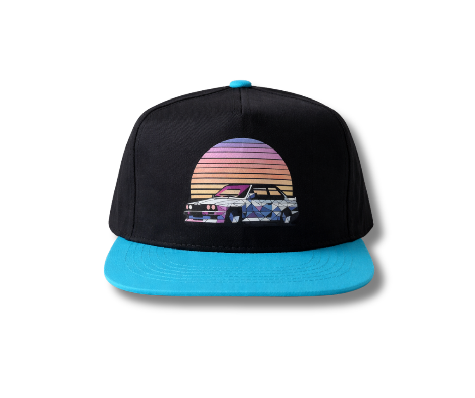 Black and blue cap with a colorful graphic of BMW classic car in a sunset, E30 kepure su snapeliu
