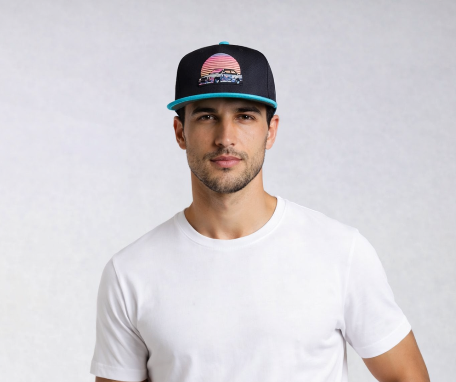 Man wearing a black cap with a colorful design of BMW E30 classic car, kepure BMW entuziastui