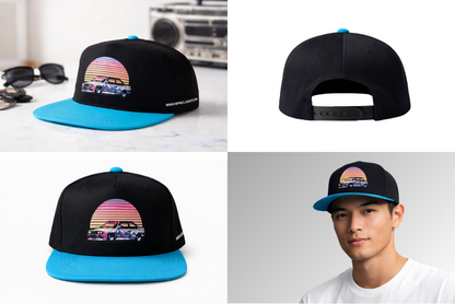Black and blue cap with retro design of BMW E30 in a sunset, collage of 4 images, 80's 90's vibe, retro stiliaus kepure su E30, E30 kepure