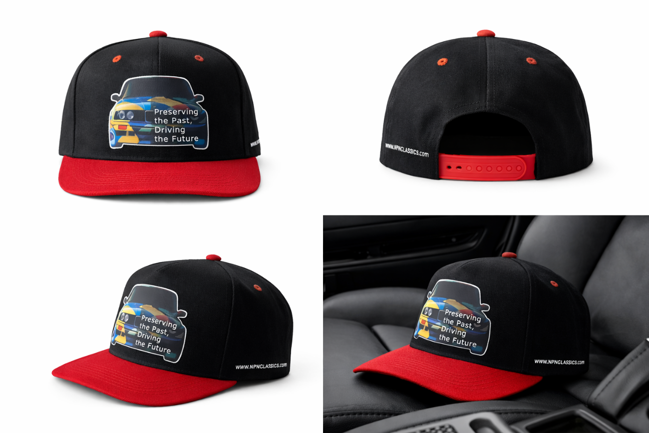 Black and red cap with BMW E30 classic car graphic, collage of 4 images, E30 kepure su snapeliu