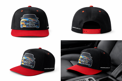Black and red cap with BMW E30 classic car graphic, collage of 4 images, E30 kepure su snapeliu