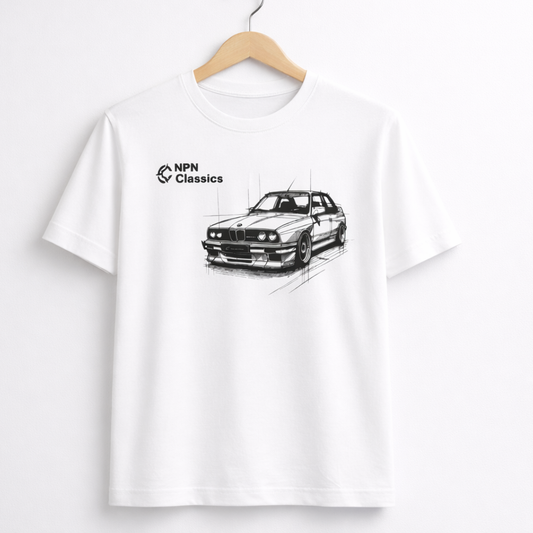 White t-shirt with a black BMW E30 M3 car graphic and 'NPN Classics' text on a white background, balti marskineliai su E30