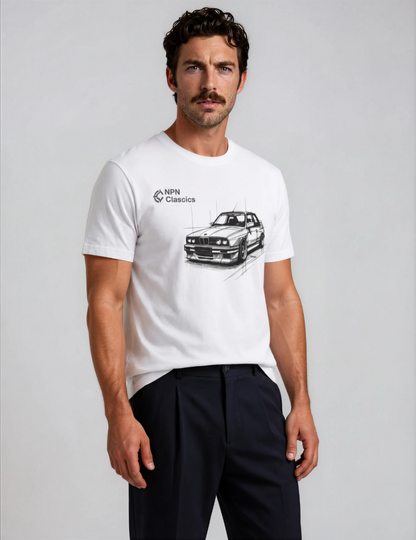Man wearing a white t-shirt with E30 car graphic and 'NPN Classics' logo, E30 marskineliai trumpomis rankovemis