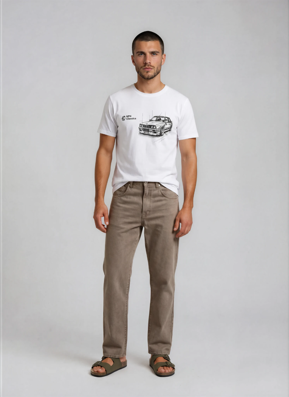 Man wearing a white t-shirt with BMW E30 graphic design, marskineliai su BMW klasikiniu automobiliu
