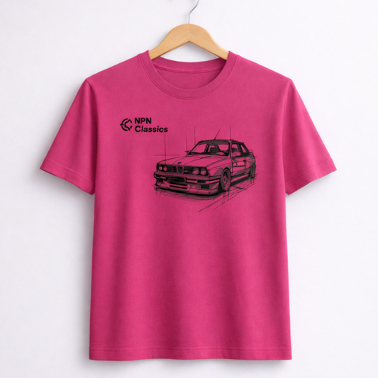 Pink t-shirt with BMW E30 car graphic, moteriski BMW E30 marskineliai