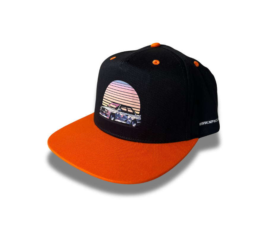 Black and orange cap with a graphic design of BMW E30, E30 kepure su snapeliu, fullcap, full cap