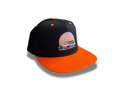 Black and orange cap with a sunset and BMW E30 car design, BMW kepure su snapeliu, full cap, fullcap