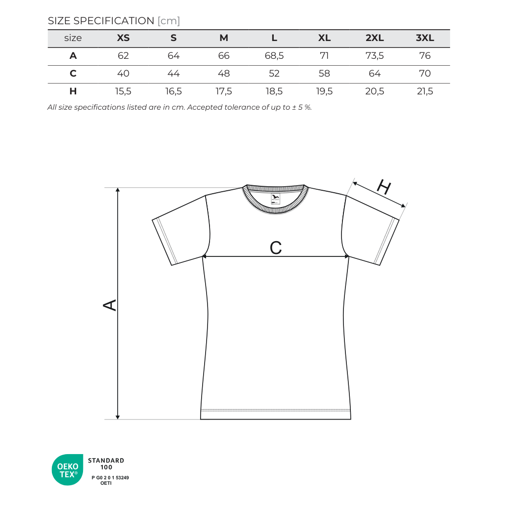 Size specification chart for a t-shirt with dimensions and tolerances. BMW E30 M3, dydziu lentele moteriski marskineliai su E30 M3 paveiksleliu
