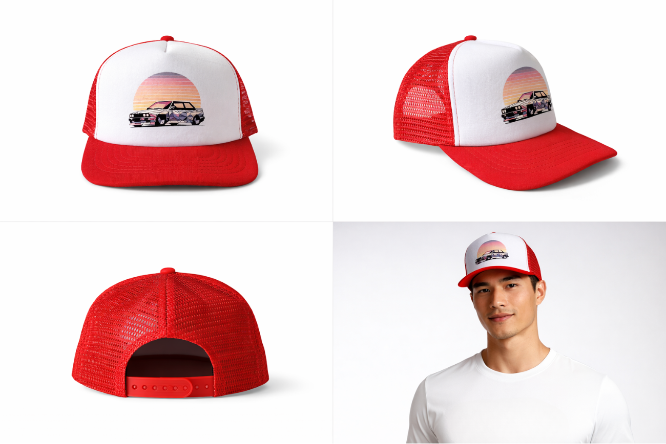 Red and white trucker hats with BMW E30 M3 in a sunset design set of 4 images, E30 kepure su snapeliu, kepure su tinkleliu 