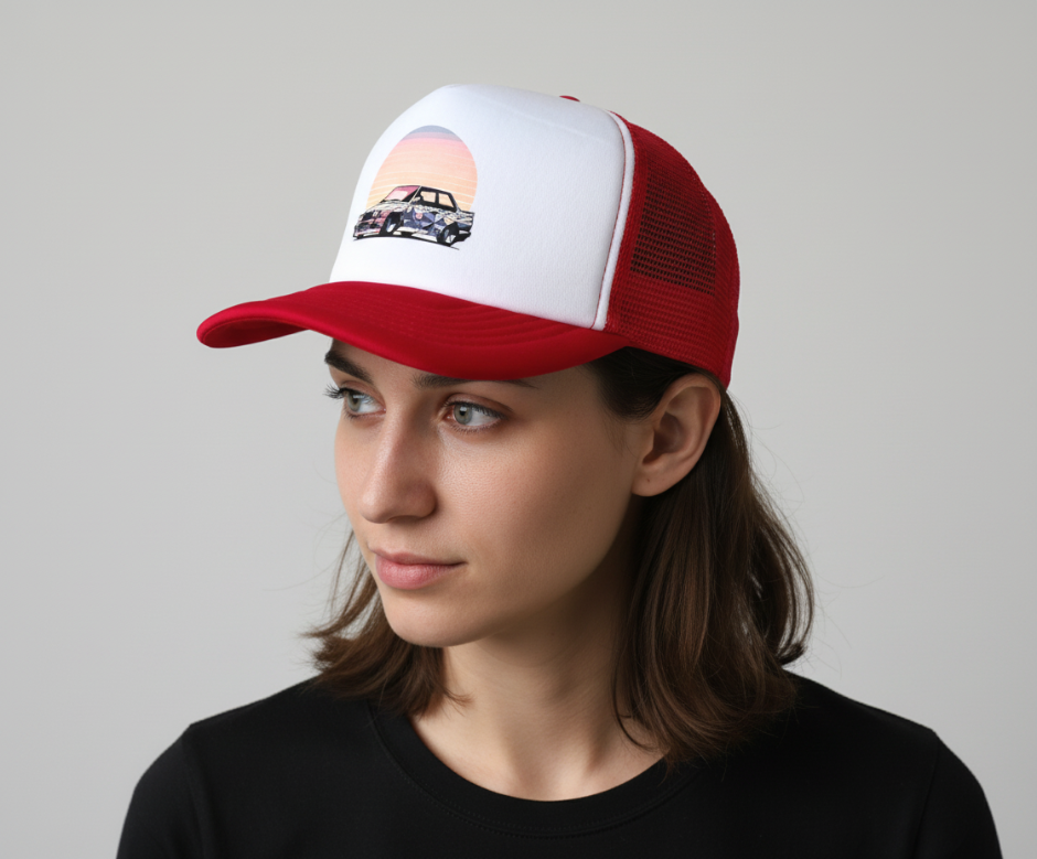 Young woman wearing a trucker cap with BMW E30 M3 design, E30 kepure su snapeliu, kepure su tinkleliu 