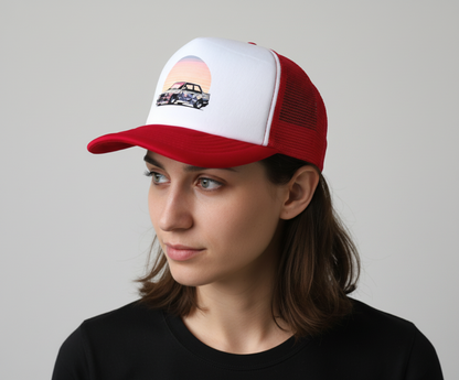 Young woman wearing a trucker cap with BMW E30 M3 design, E30 kepure su snapeliu, kepure su tinkleliu 