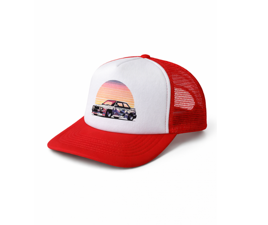 Red and white cap with a graphic of BMW E30 M3 car in the sunset, E30 kepure su snapeliu, kepure su tinkleliu