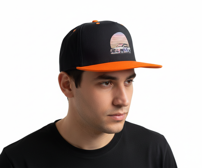 Snapback cap with design of BMW E30 M3 in the sunset, kepure su snapeliu, fullcap, full cap