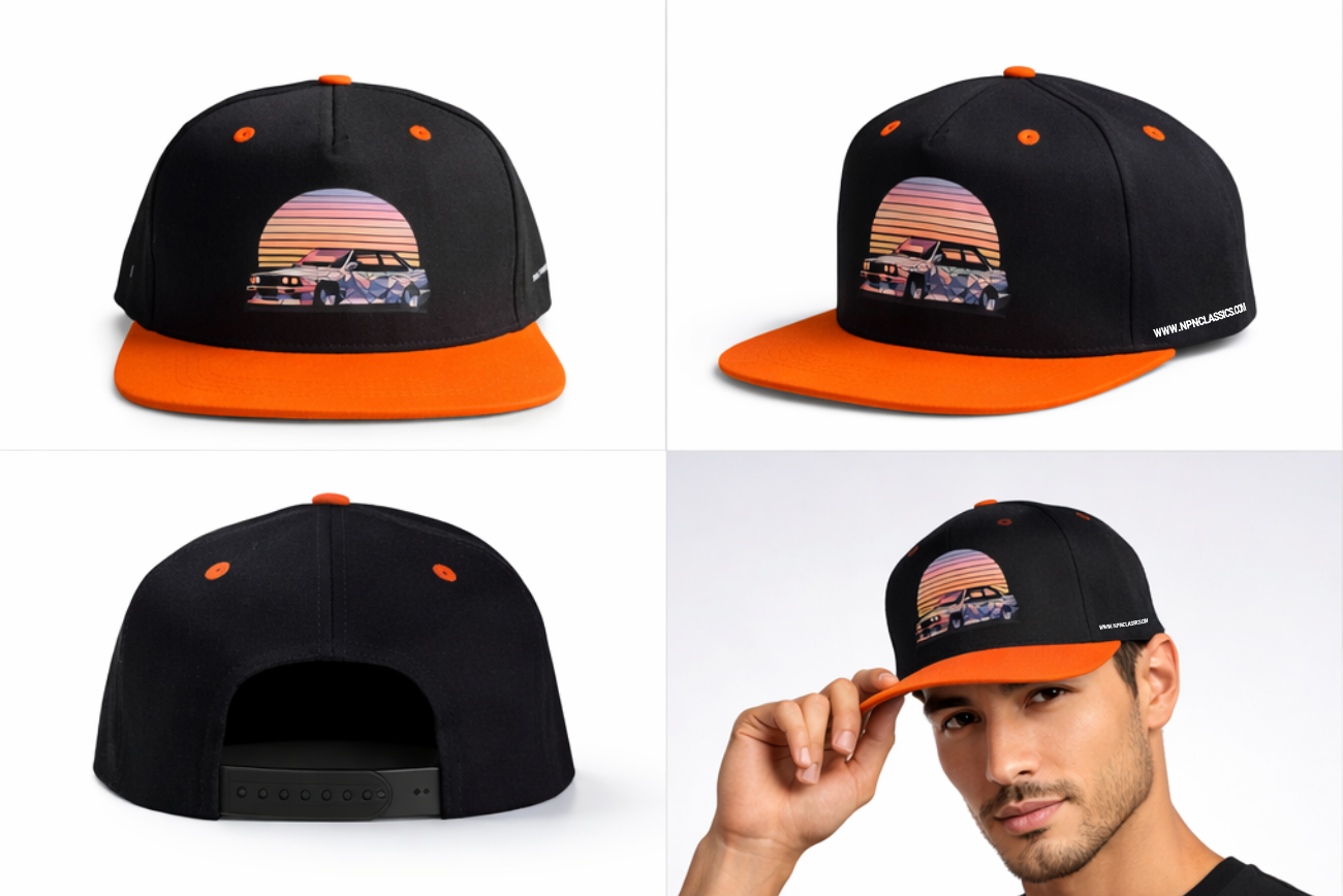Black and orange cap with BMW E30 M3 in a sunset design, kepure su snapeliu, fullcap, full cap