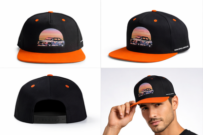 Black and orange cap with BMW E30 M3 in a sunset design, kepure su snapeliu, fullcap, full cap
