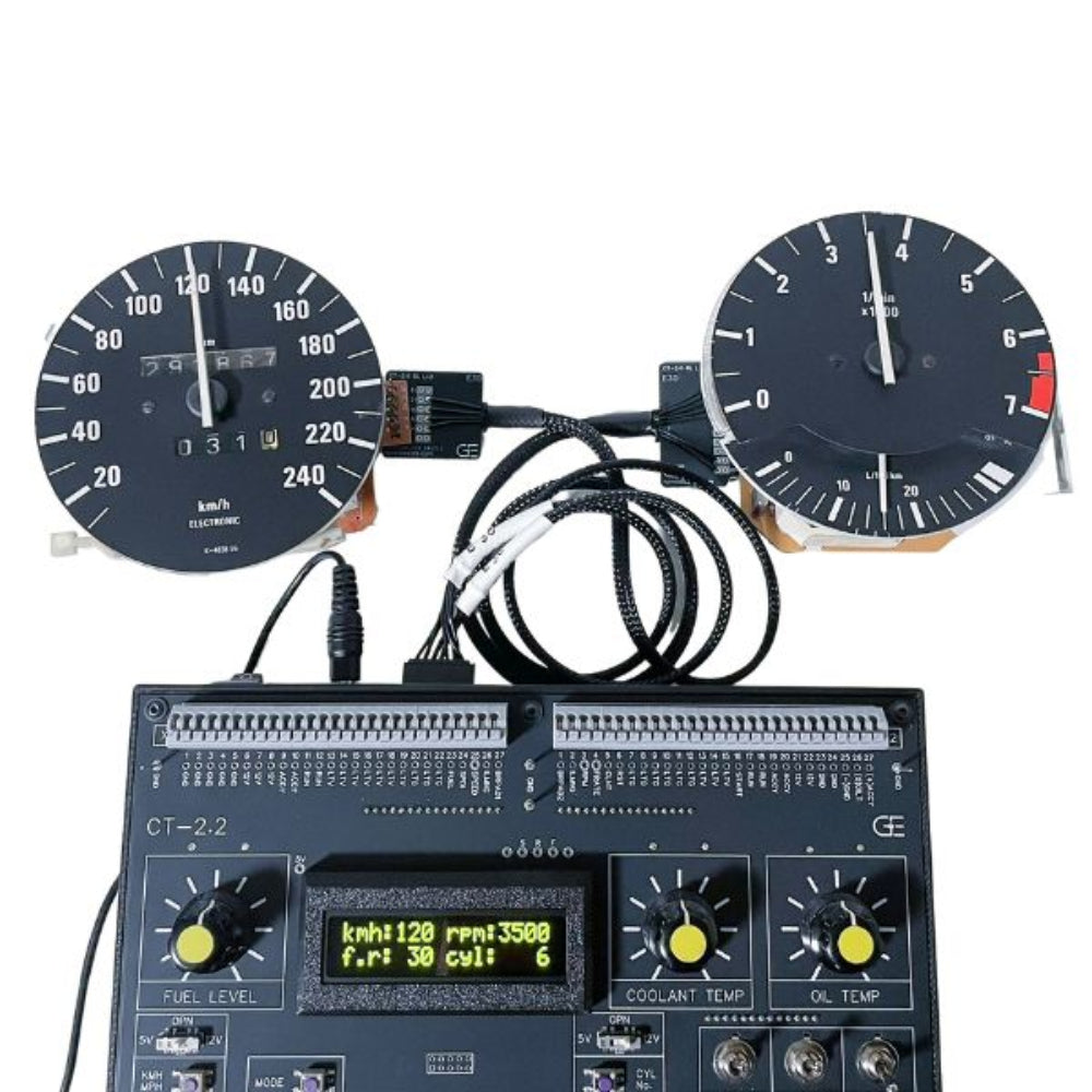 BMW instrument cluster test bench connected to E30 speed and rev rpm gauges