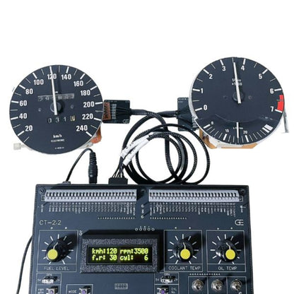 BMW instrument cluster test bench connected to E30 speed and rev rpm gauges
