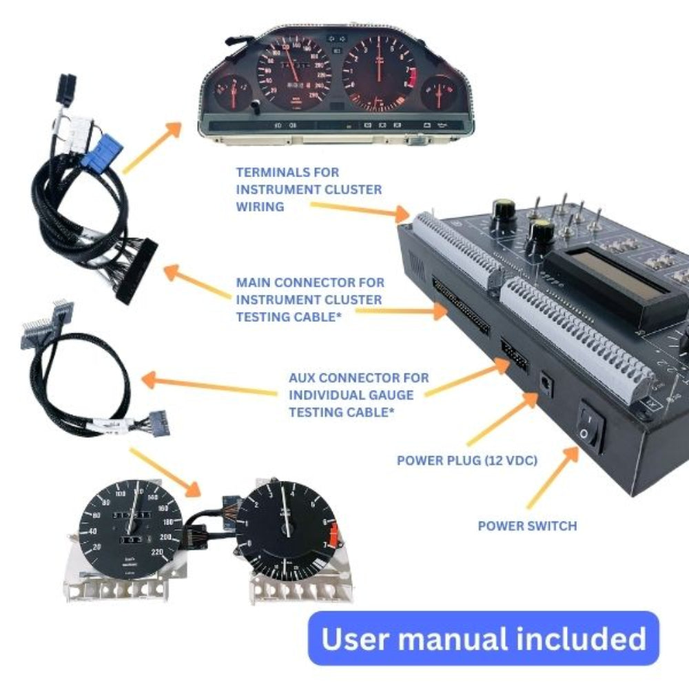 BMW instrument cluster testing device with main and auxiliary connectors, power switch, and gauges for bench testing classic BMW dashboards