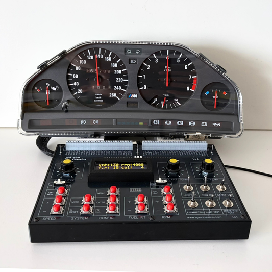A custom-built BMW E30 instrument cluster and dashboard control console assembly.
