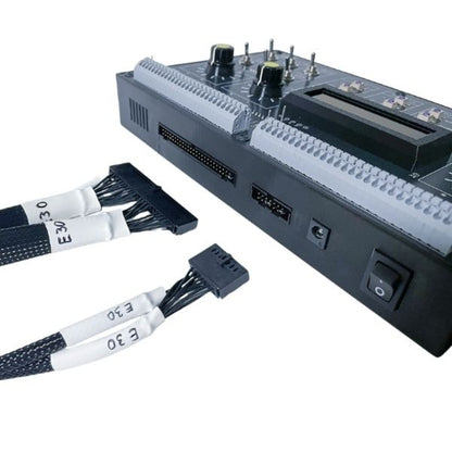 BMW instrument cluster tester rear panel with connector ports, power switch, and E30 wiring cables for bench testing